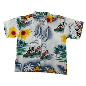 Vintage 90's Disney Sunday‎ Comics Mickey Donald Hawaiian Shirt Linen Cotton S